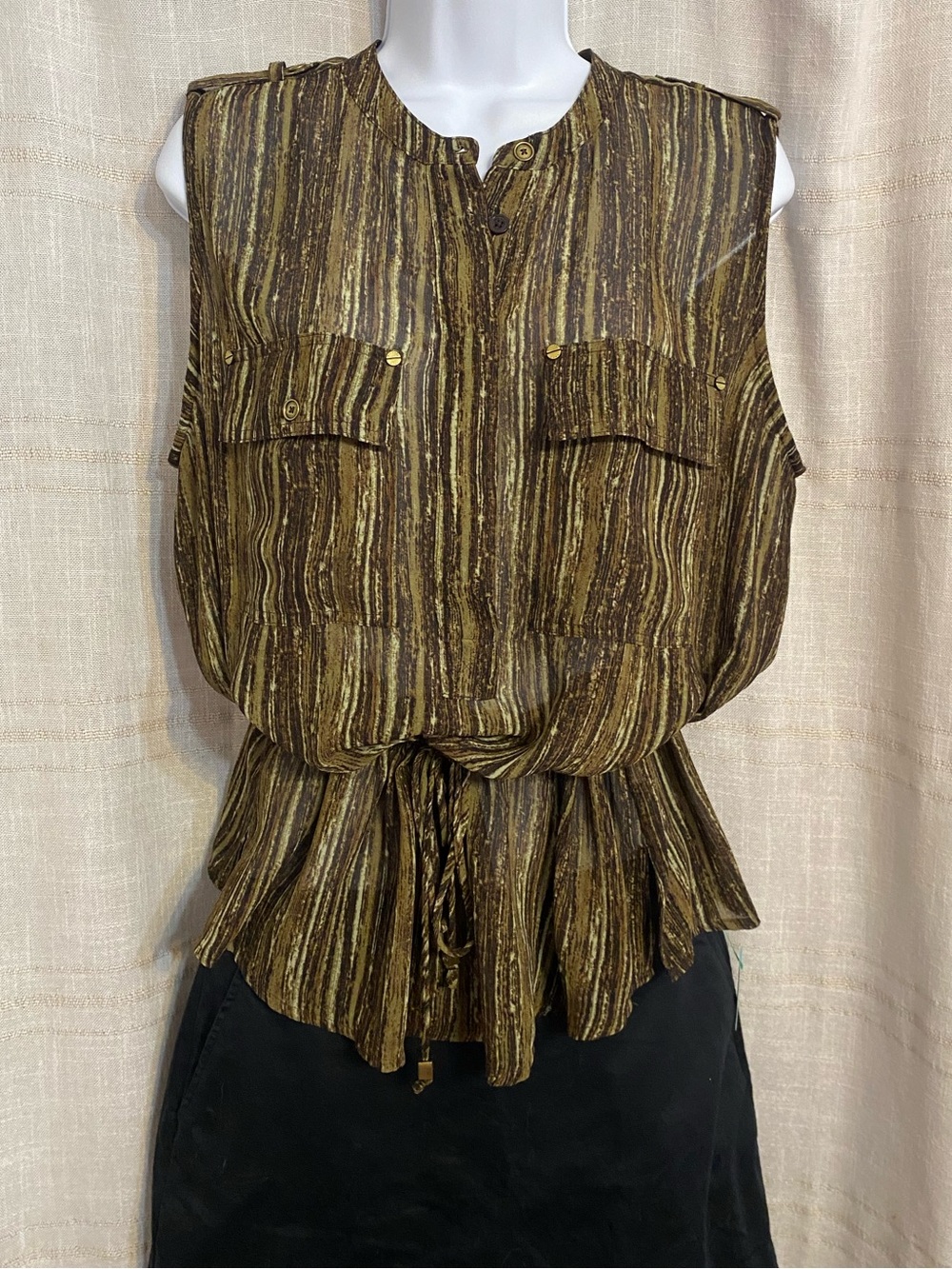 MICHAEL KORS Sheer Abstract Olive Print Drawstring Utility Blouse Size 12